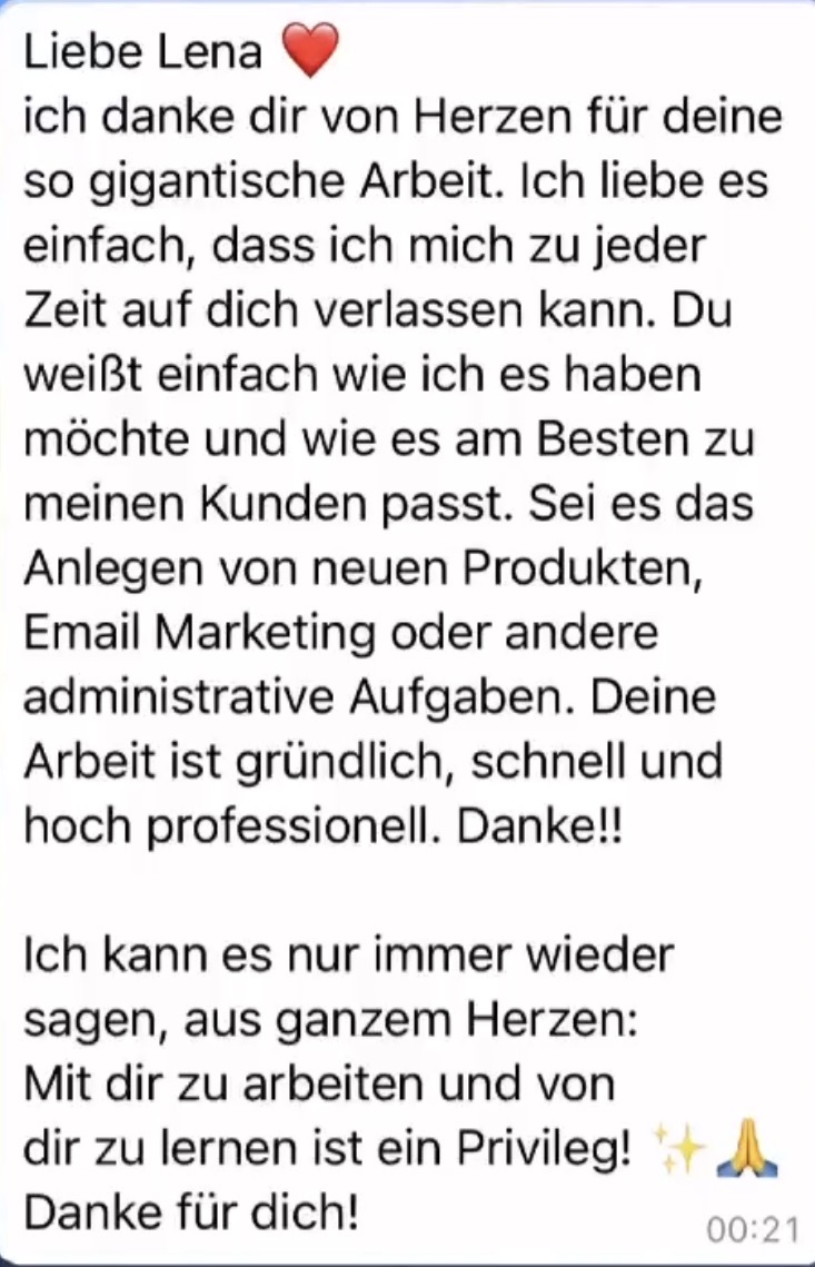 Kundenstimme: Liebe Lena, ich danke dir von Herzen für deine so gigantische Arbeit.